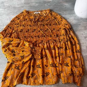 ROSE & OLIVE Long Sleeve Smock Top Blouse Shirt Yellow Floral Boho  Size large